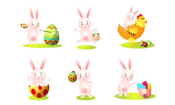 Funny pink rabbits playing and having fun vector illustration - Vector, Image
