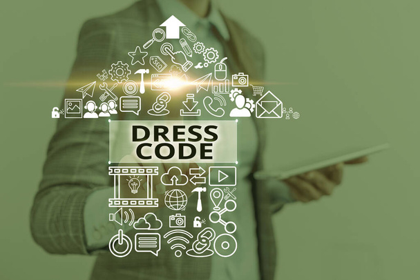 Text sign showing Dress Code. Conceptual photo an accepted way of dressing for a particular occasion or group. - Photo, Image