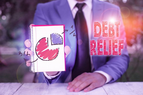 Handwriting text writing Debt Relief. Concept meaning a reduction in the amount of debt that a country has to pay. - 写真・画像