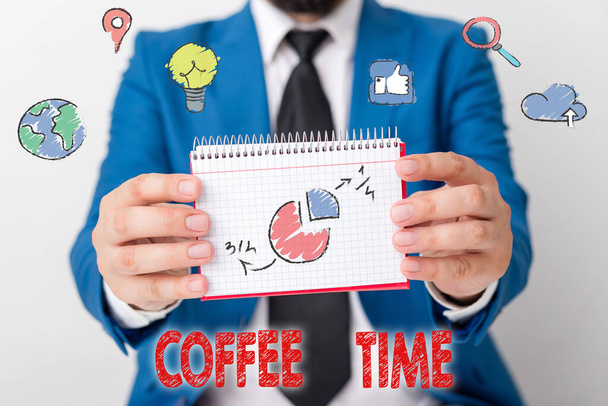 テキストを書く単語コーヒー時間。休みをとるのをやめる短期間のビジネスコンセプト. - 写真・画像