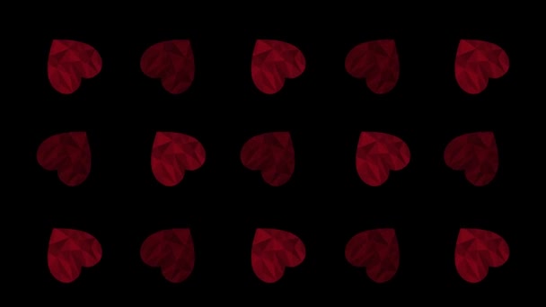 Elegante, sich wiederholende Herzanimation. Spinnende rote polygonale Herzen auf schwarzem Hintergrund. 4k dynamische Loopanimation. Verwendbar für Hintergründe, Love Story, Banner, Webseiten, soziale Medien, Likes - Filmmaterial, Video