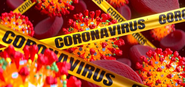 Virus Coronavirus COVID-19 en el torrente sanguíneo con cinta de peligro
 - Foto, Imagen
