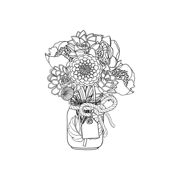 Χειροποίητο doodle μπουκέτο από διάφορα λουλούδια: ζουμερό, παιώνι, ντάλια. απομονώνονται σε λευκό φόντο. απεικόνιση διανύσματος αποθέματος - Διάνυσμα, εικόνα