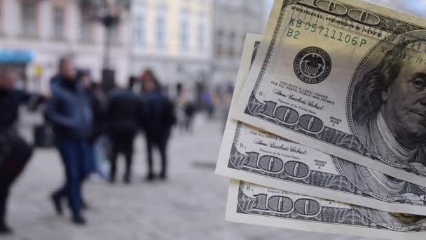 Three hundred dollar bills on blurred background of european - Footage, Video