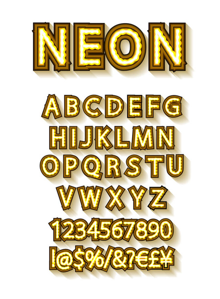 Złoty alfabet wektorowy z żarówkami. 10 eps - Wektor, obraz