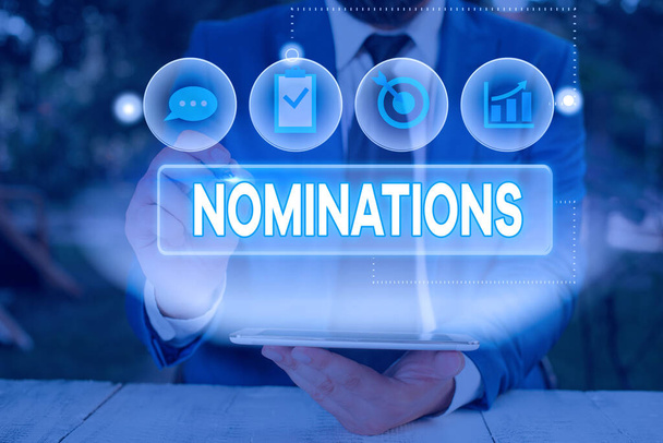 Texto de escritura de palabras Nominaciones. Concepto de negocio para la acción de nominación o de nominación estatal para el premio
. - Foto, imagen
