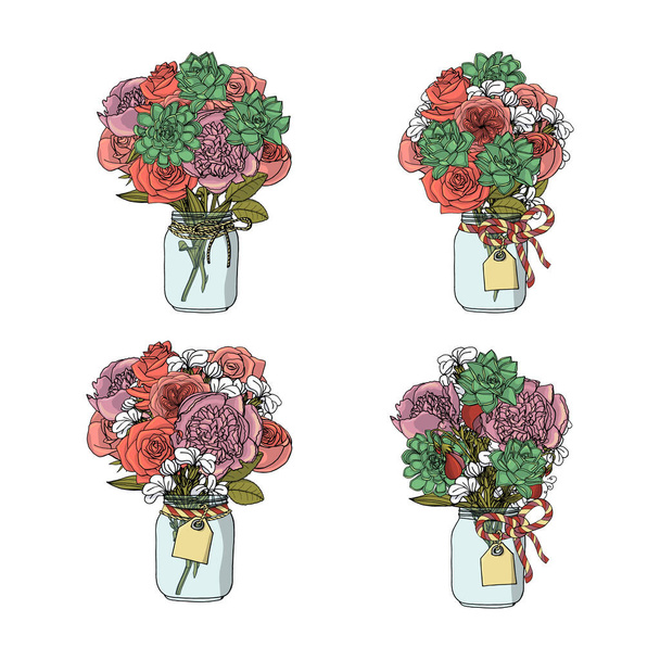 Hand drawn doodle style bouquets of different flowers isolated - Vector, Image
