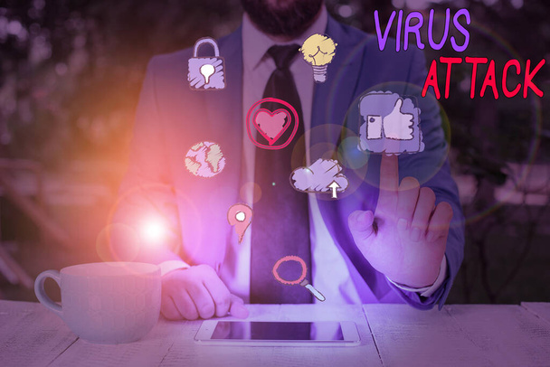 Writing note showing Virus Attack. Business photo showcasing malicious program that perform actions unauthorized by the user. - 写真・画像