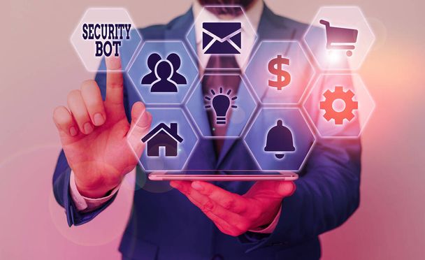Handschrifttekst Security Bot. Concept betekent software die een geautomatiseerde taak via het internet uitvoert. - Foto, afbeelding