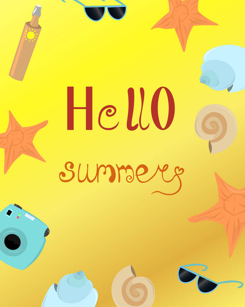 Hello summer. Bright postcard. Shells, a camera and objects from the sun on the sand. Design flyer, advertising. - Vecteur, image