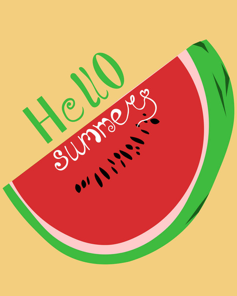 Hello summer. Bright postcard. Yellow background and watermelon. Design flyer, advertising. - Vector, afbeelding