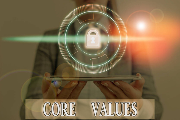 Kelime yazma Core Values. Temel inanç ya da bir gösteri ya da organizasyon prensibi için iş kavramı. - Fotoğraf, Görsel