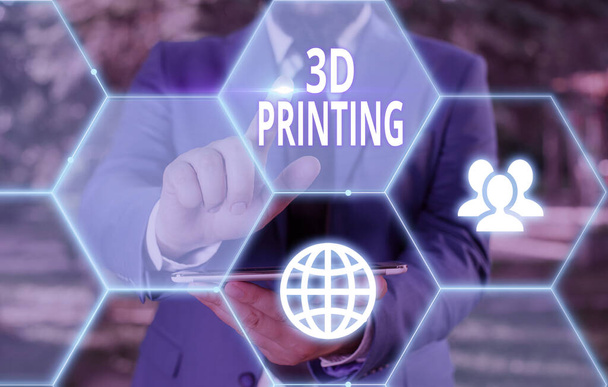 3Dプリントを示す概念的な手書き文字。三次元デジタルモデルから物を作るビジネス写真. - 写真・画像