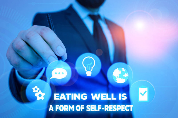 Tekst teken tonen goed eten is een vorm van zelf respect. Conceptuele foto een citaat van het bevorderen van gezonde levensstijl. - Foto, afbeelding