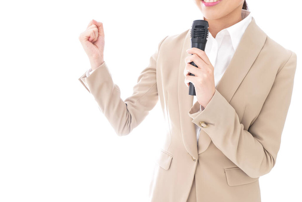 jovem mulher de negócios com microfone isolado no fundo branco - Foto, Imagem