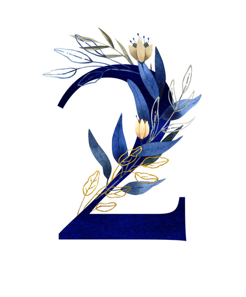 Watercolor floral monogram 2 - number - classic blue decorated with flowers - Φωτογραφία, εικόνα