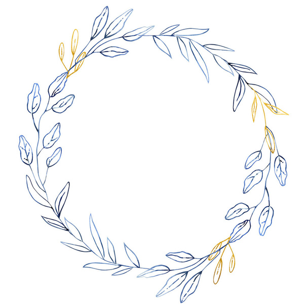 Wreath - hand painted watercolor illustration in deep blue and gold shades - 写真・画像
