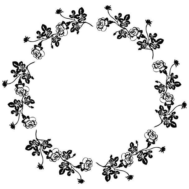 Black and white illustration of a round wreath of roses. Isolated vector object. Vector vintage round frame with roses. Floral wreath. Black and white. Fit for wedding card, invitation, greetings. - Vector, Imagen