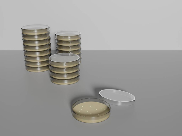 Petri dishes stacked and one opened with colonies. 3D design. Laboratory and research concept. - Photo, Image