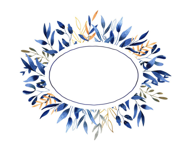 Wreath - hand painted watercolor illustration in deep blue and gold shades - Φωτογραφία, εικόνα