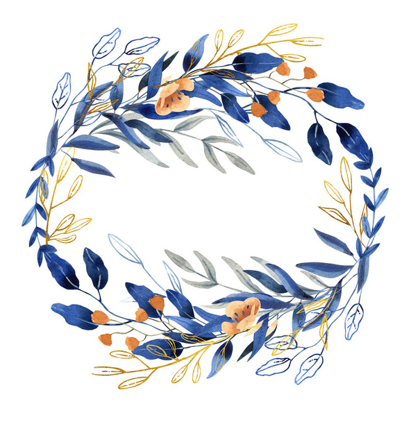 Wreath - hand painted watercolor illustration in deep blue and gold shades - Фото, изображение