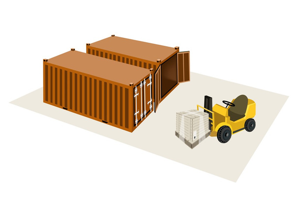 Вилковий навантажувач Завантаження коробки доставки в контейнер
 - Вектор, зображення