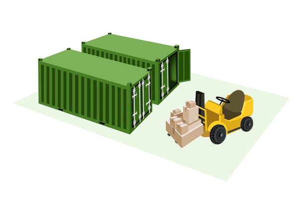 завантаження вантажівки навантажувача доставка коробки в вантажні контейнери - Вектор, зображення