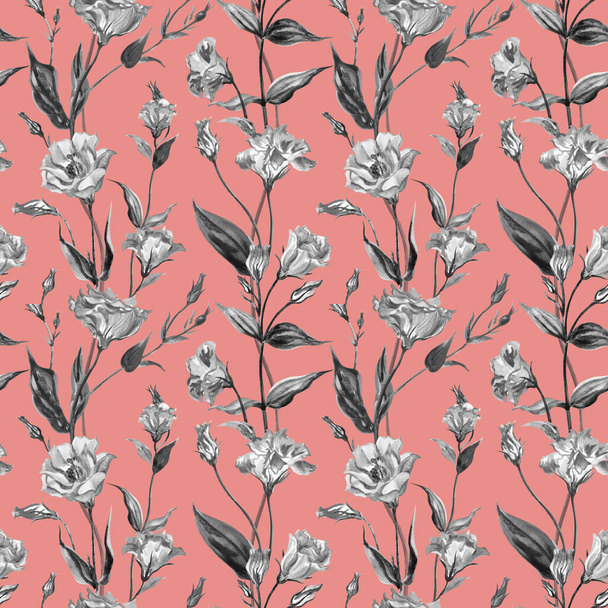 Seamless pattern of black and white eustoma flowers on a coral background, watercolor illustration, decorative floral print for fabric and other designs. - 写真・画像