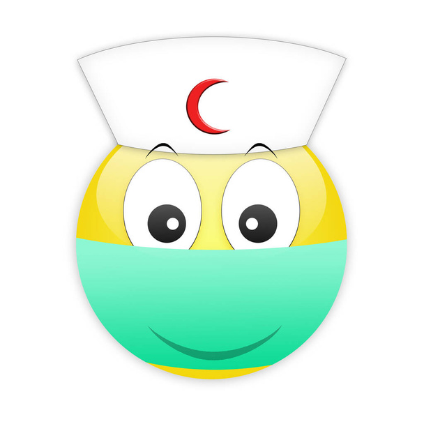 Smiley κόκκινο ημισέληνος νοσοκόμα smiley σε ένα ιατρικό επίδεσμο στα χείλη κατά των βακτηρίων. Ανακοίνωση στο Διαδίκτυο και στα κοινωνικά δίκτυα για την επιδημία. Γιατρός σε λευκό φόντο. Πανδημία του κορονοϊού. - Φωτογραφία, εικόνα