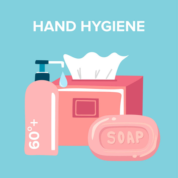 postřik alkoholového gelu, antibakteriální dezinfekce mýdla a papírové tkáně, koncept hygieny rukou. Vektorová ilustrace - Vektor, obrázek