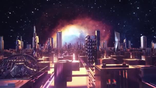 未来的な風景、仮想空間での動き、爆発する星や都市の背景。株式アニメーション。銀河に対して抽象的な美しい都市、通りや建物の上を飛んで. - 映像、動画