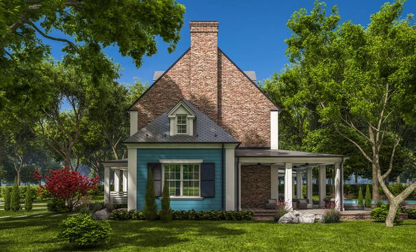 3D απόδοση του σύγχρονου άνετο κλασικό σπίτι σε αποικιακό στυλ με γκαράζ και πισίνα προς πώληση ή ενοικίαση με όμορφο τοπίο στο παρασκήνιο. Σαφή ηλιόλουστη μέρα του καλοκαιριού με μπλε ουρανό. - Φωτογραφία, εικόνα