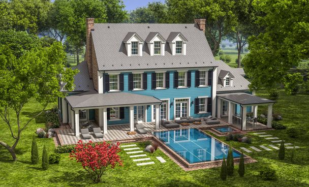 3d rendering van moderne gezellige klassieke huis in koloniale stijl met garage en zwembad te koop of te huur met prachtige landschapsarchitectuur op de achtergrond. Heldere zonnige zomerdag met blauwe lucht. - Foto, afbeelding
