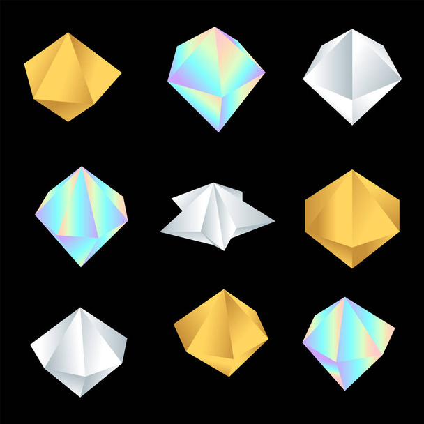 vector various jewelry silver gold pearl gradients colorful various angles of decoration shapes collection isolated black backgroun - Vektor, obrázek