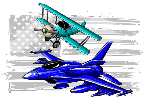 Military plane fired a missile. Fighter jet vector illustration. - Vector, Image
