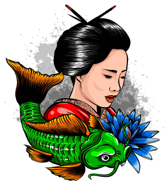 Mooie Japanse Geisha houdt rode fan vector illustratie. - Vector, afbeelding