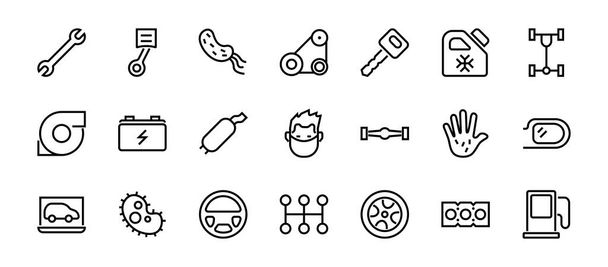 Egy egyszerű autó szolgáltatás kapcsolódó vektor vonal ikonok. Tartalmaz ikonok, mint az olaj, diagnosztika, turbina, kormánykerék, alváz, sebességváltó és még sok más. Szerkeszthető lépés. 480x480 Fehér alapon - Vektor, kép