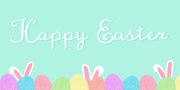 happy easter banner with cute cartoon bunny ears and colored eggs on cyan background with handwritten sign, editable vector illustration for holiday decoration, print, poster - Wektor, obraz