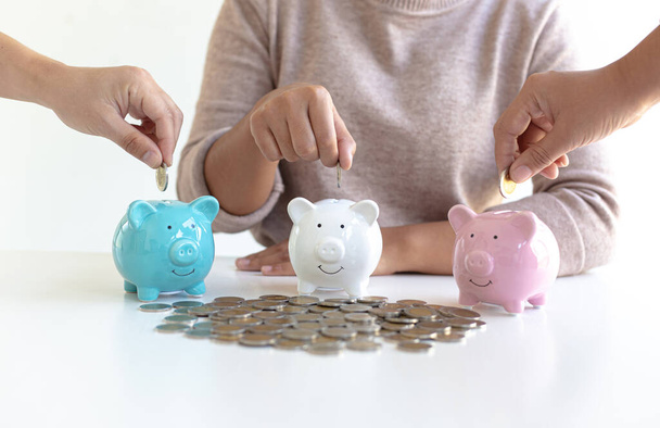 Both male and female businessmen are helping to bring the dollar into the piggy bank to save and prepare for future shortages,Financial accounting and saving money concept. - Photo, Image