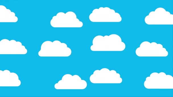 Fluffy wolken bewegen op blauwe lucht achtergrond. Een groep witte wolken die vliegen op heldere en blauwe lucht. Weer en meteorologie concept. Animatie en illustratie video - Video