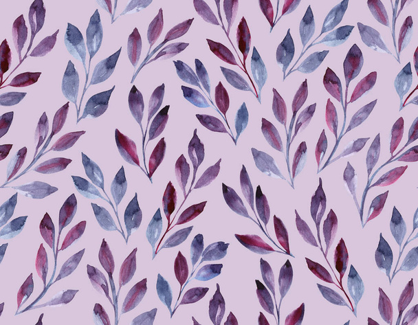 Ilustrace akvarelů. Bezproblémový vzor s šedými, fialovými větvičkami na růžovém pozadí. Pro textil, design, plakát, obal. - Fotografie, Obrázek