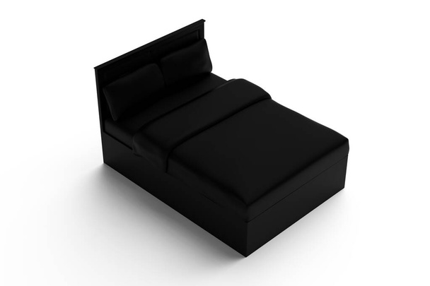Yastıklı ve battaniyeli iki kişi için beyaz arka planda izole edilmiş düz bir yatak. 3d illüstrasyon - Fotoğraf, Görsel