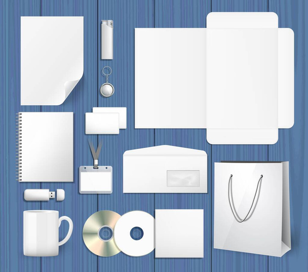 Blank corporate identity mock ups set. Notepad, cd cover, shopping bag, usb stick, lighter, envelope, coffee mug. Graphic design elements. Empty place for your design, text. Vector illustration - Vettoriali, immagini