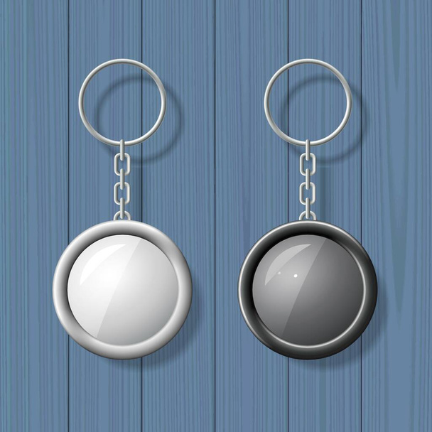 Two key chain pendants on wooden background. Blank template. Business identity mock up. Vector illustration. - Vector, afbeelding