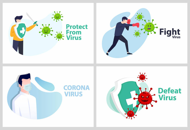 Nastavit vektorovou ilustraci bojovat covid-19 korona virus. vyléčit koronový virus. lidé bojují proti virům. koncepce koronových virů vakcíny. konec roku 2019-ncov. Nebojte se konceptu koronového viru.. - Vektor, obrázek