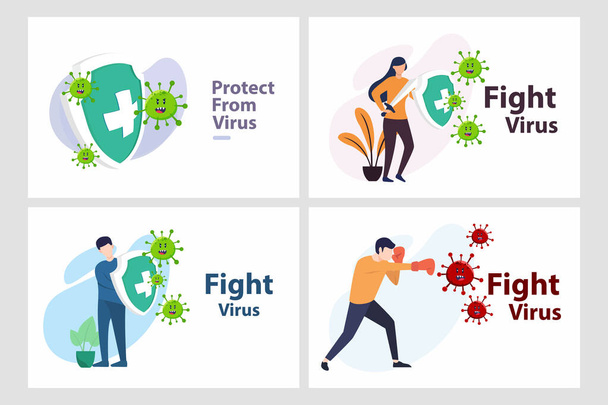 Set Vector illustration fight covid-19 corona virus. cure corona virus. people fight virus concept. corona viruses vaccine concept. end of 2019-ncov. don't be afraid of the corona virus concept. - Vetor, Imagem