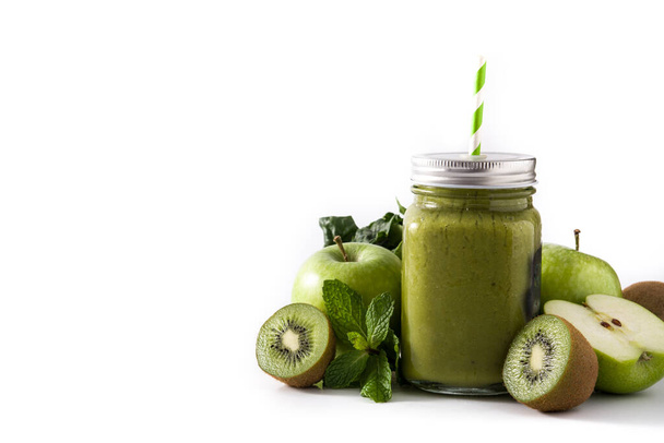 Healthy green smoothie in jar isolated on white background. Copy space - Fotó, kép