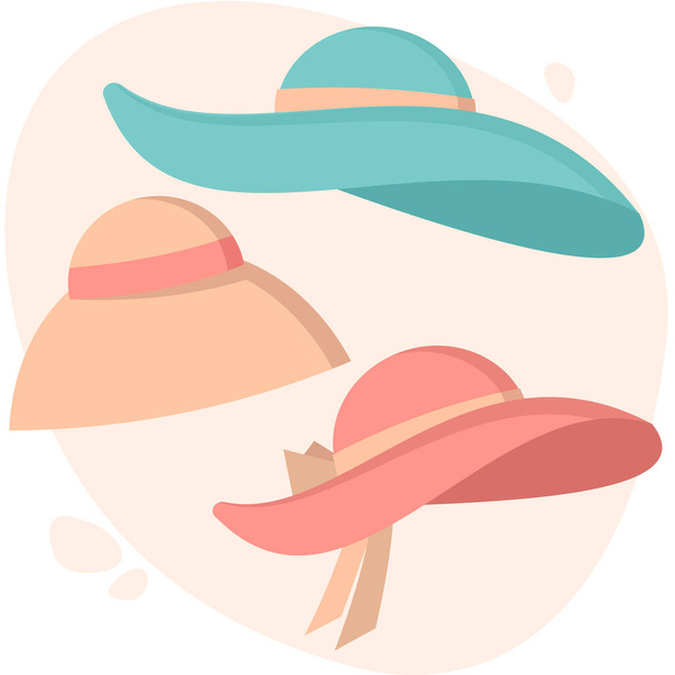 Women summer beach hat set. Flat summer vector illustration. - Вектор,изображение