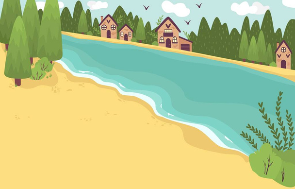 Beach resort huts cottages hotel on nord sea or lake coast in summer, trees, water, vacation cartoon vector illustration. - Διάνυσμα, εικόνα