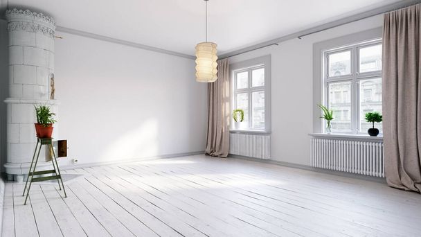 Scandinavische lege appartement interieur zonder meubels met grote muur en landschap in het venster. Huis Noords interieur. 3D illustratie - Foto, afbeelding
